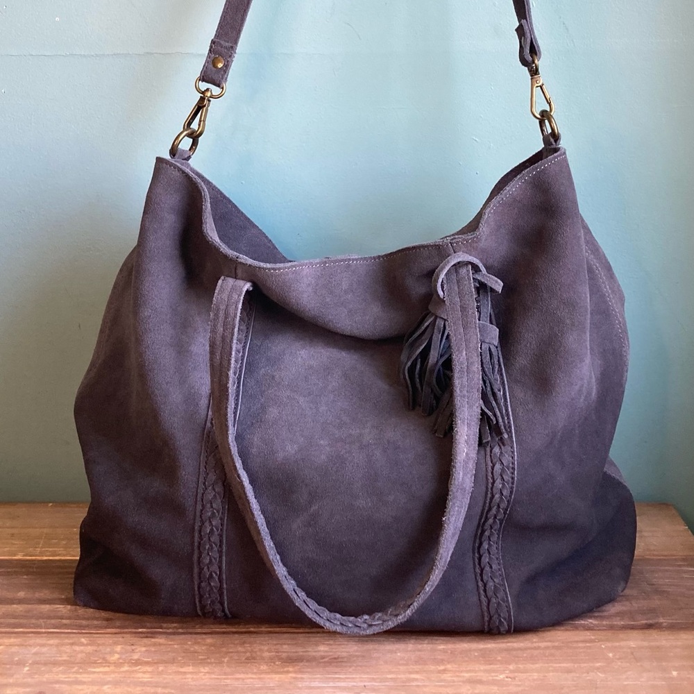 Moda Luxe Slouchy Suede Leather Hobo Tote Bag - Picture 3 of 14